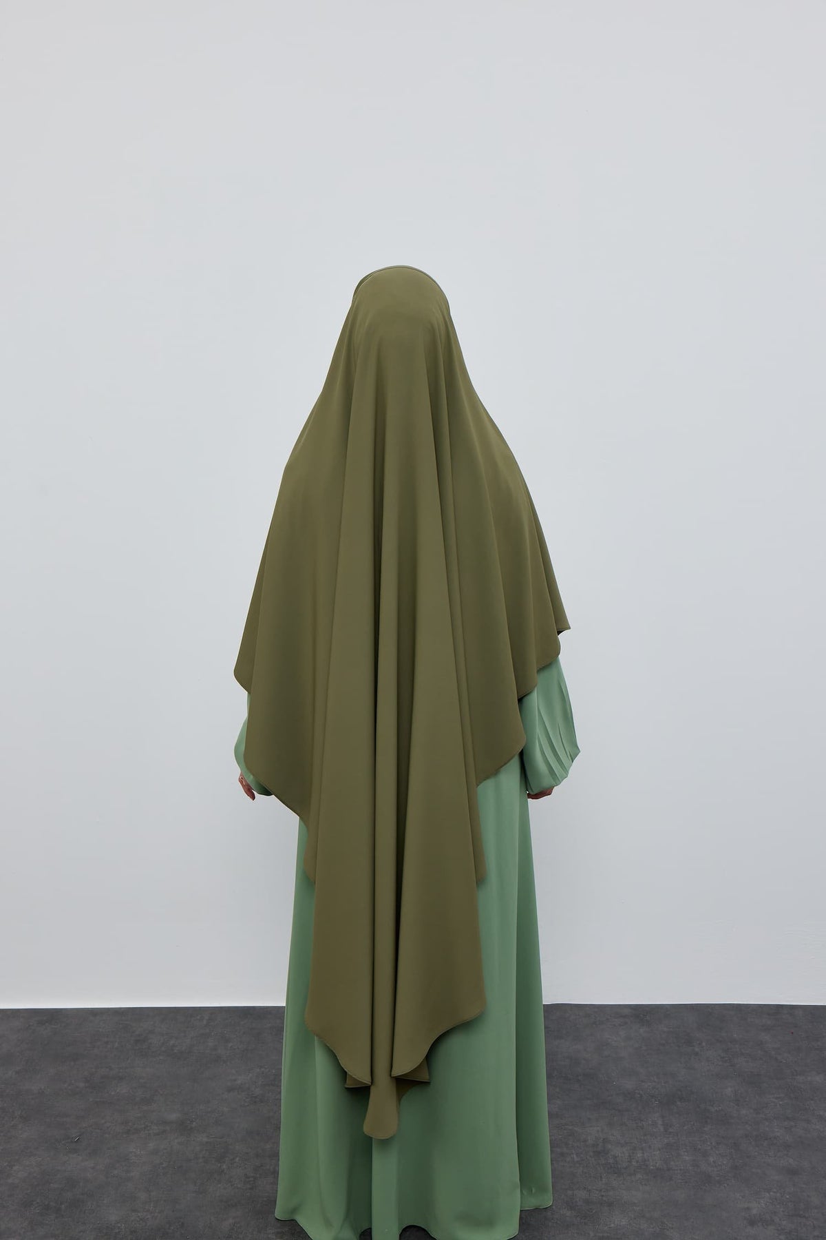 Circular French Khimar – olive, back view on model